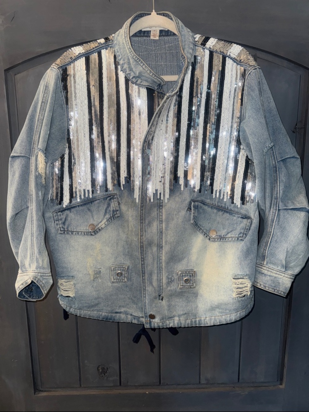 Distressed Light Wash Denim Jacket with Silver & Black Sequins